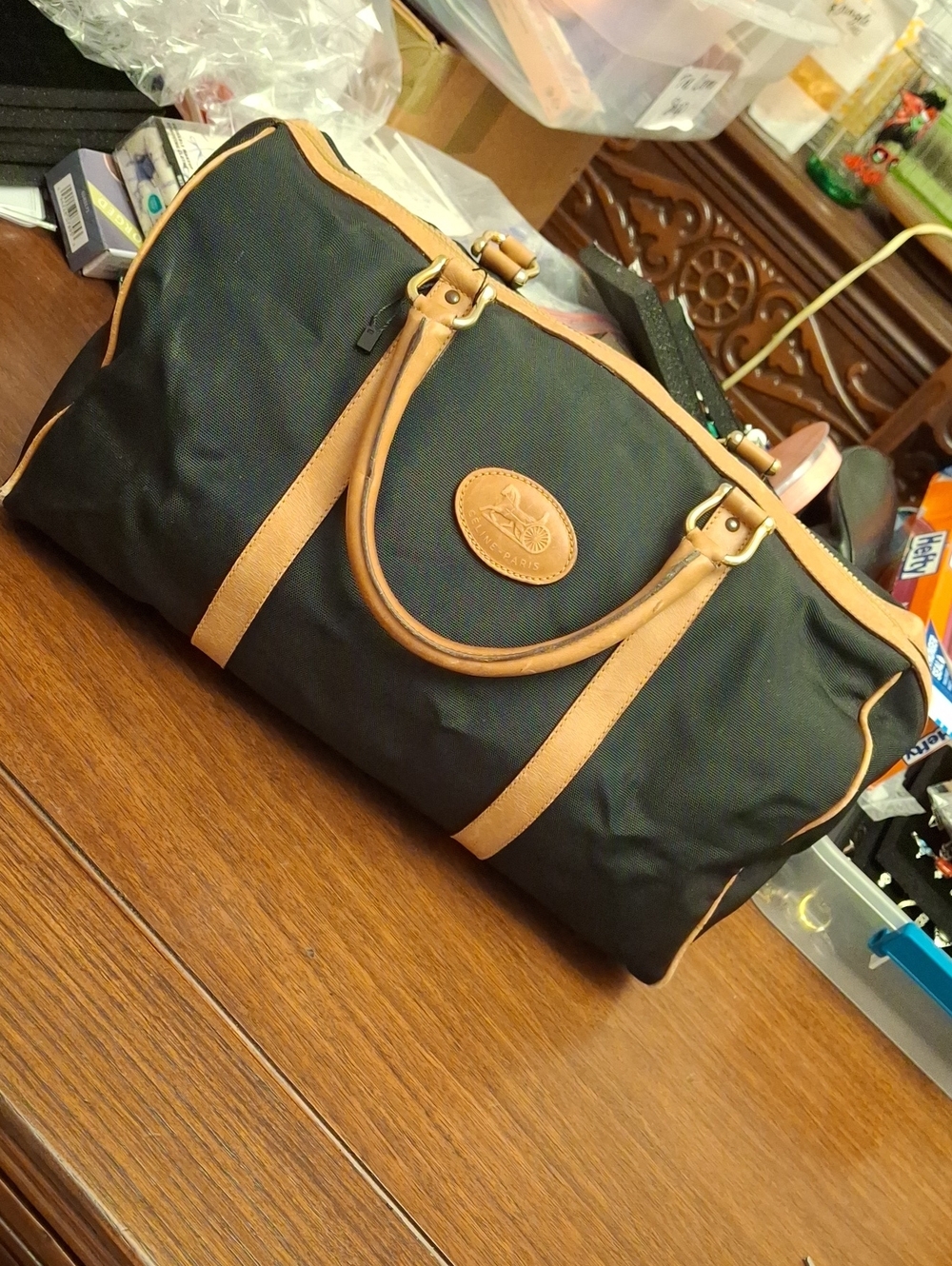 Vintage Celine Canvas Leather Duffle/Boston Travel Bag Preloved